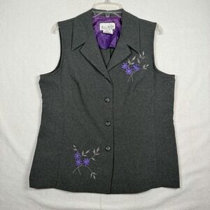 Miss Dorby Suit Jacket Vest 16P Gray Purple Floral Embroidery Button VTG
